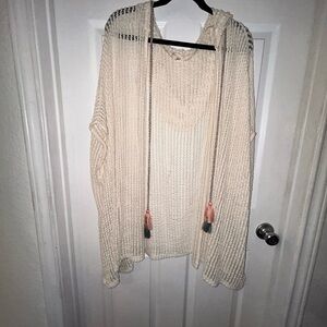Hem & Thread Cream Open-Knit Hooded Sweater with Tassel Accents